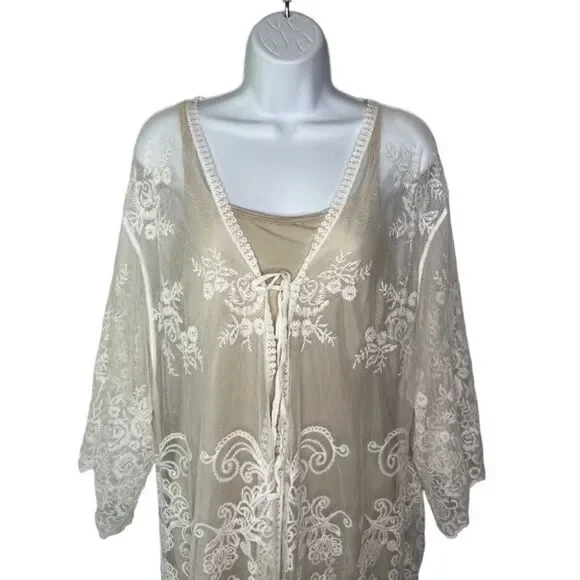 Downtown Threads Lace Elbow Length Tie Front Kimono Swim Coverup - Picture 3 of 11